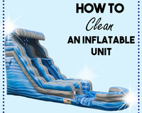 How to clean an inflatable unit, featuring a blue water slide.